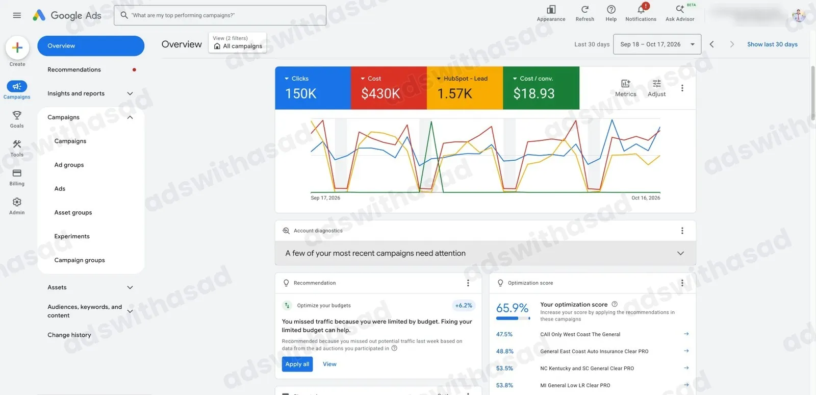 Google Ads reporting screenshot for Insurance Company