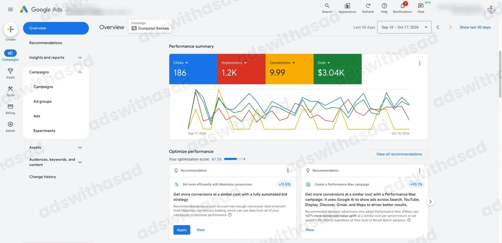 Google Ads reporting screenshot for Dumpster Rental Company