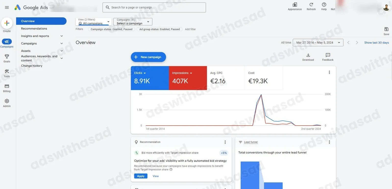Google Ads reporting screenshot for Online Business